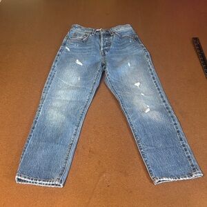 Levi's Wedgie Straight Fit Denim Jeans in Light Blue distressed front